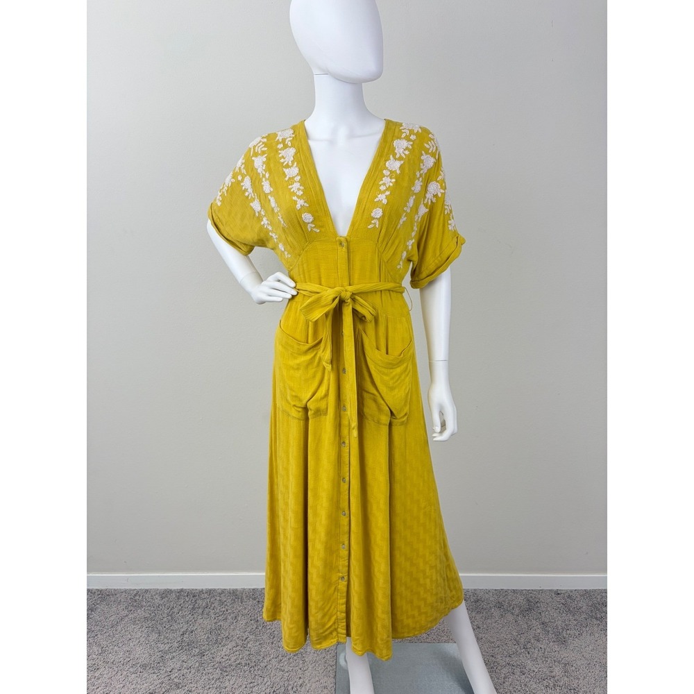 Free People Mustard Yellow Embroidered‎ Floral V-Neck Midi Dress Small Boho